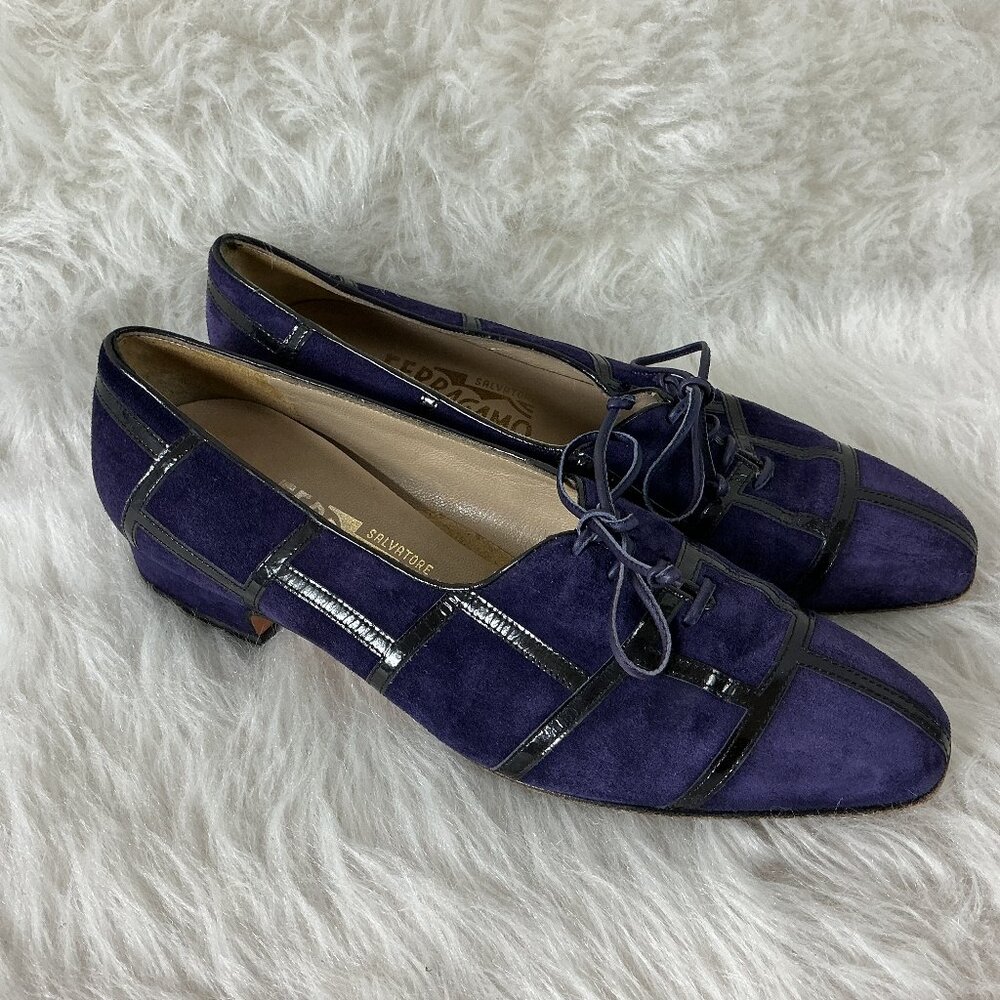 Salvatore Ferragamo Vintage 70s 80s Purple Suede Black Patent Leather Heels 6.5